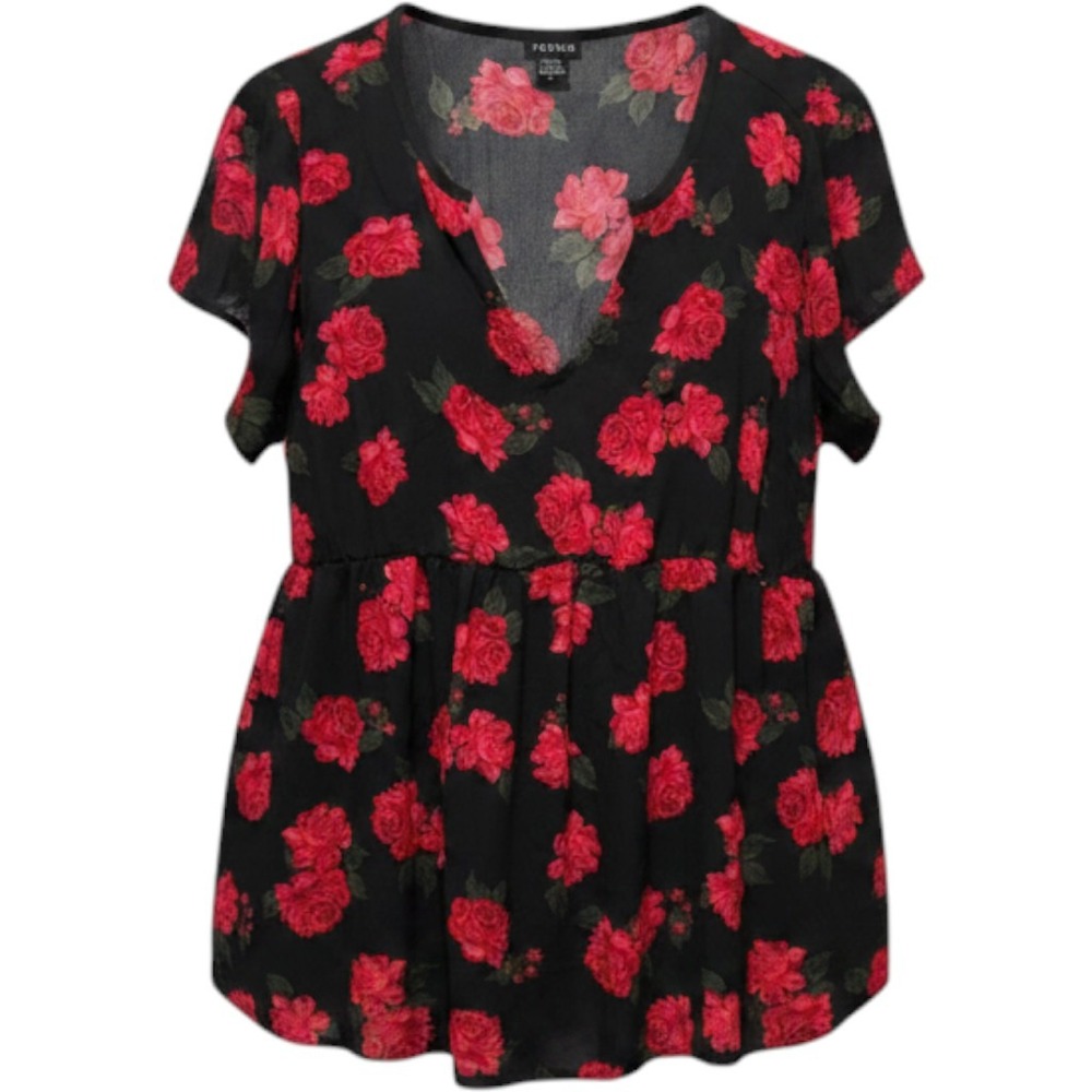 PLUS 18‎ 20 BLOOMCHIC black red green roses wrap look blouse curvy top